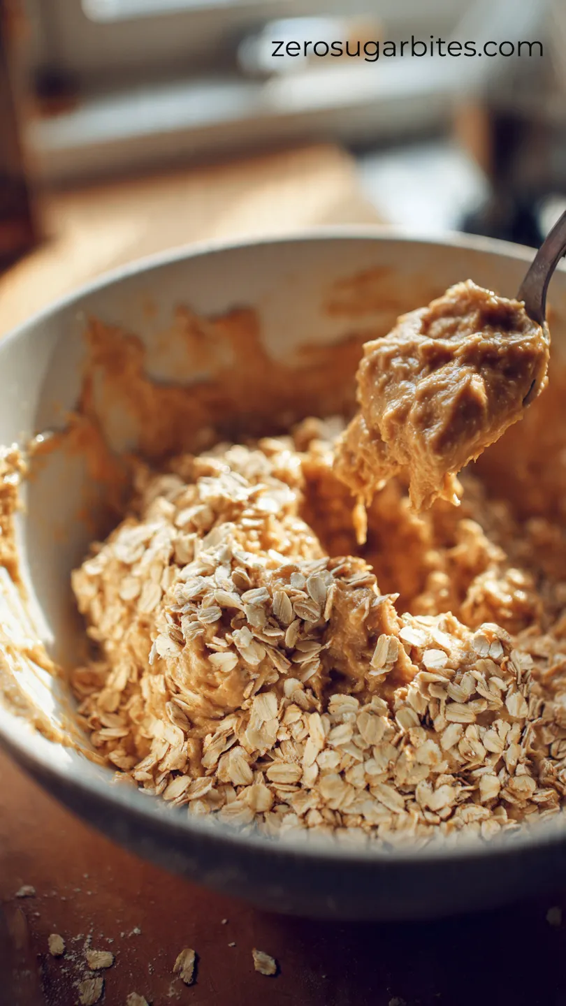 Quick Softy 3 Ingredient Sugar Free Peanut Butter Cookies 9 add roll oats into the banana and peanut butter mixture