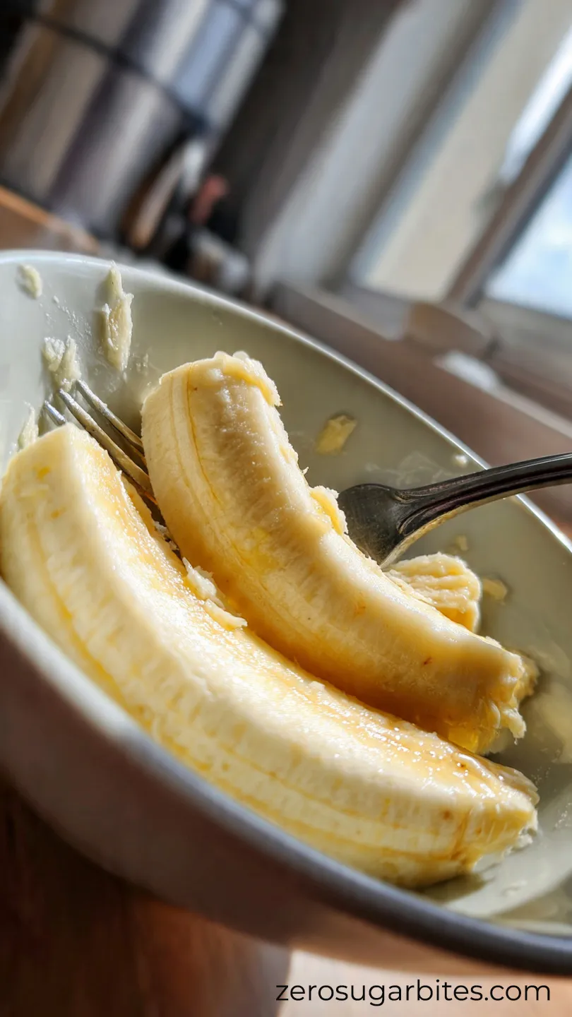 Quick Softy 3 Ingredient Sugar Free Peanut Butter Cookies 7 mash 2 large riped banana into a bowl with a fork