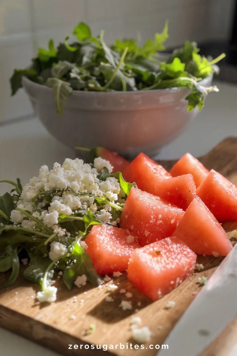 all ingredients for watermelon arugula salad with feta Zero Sugar