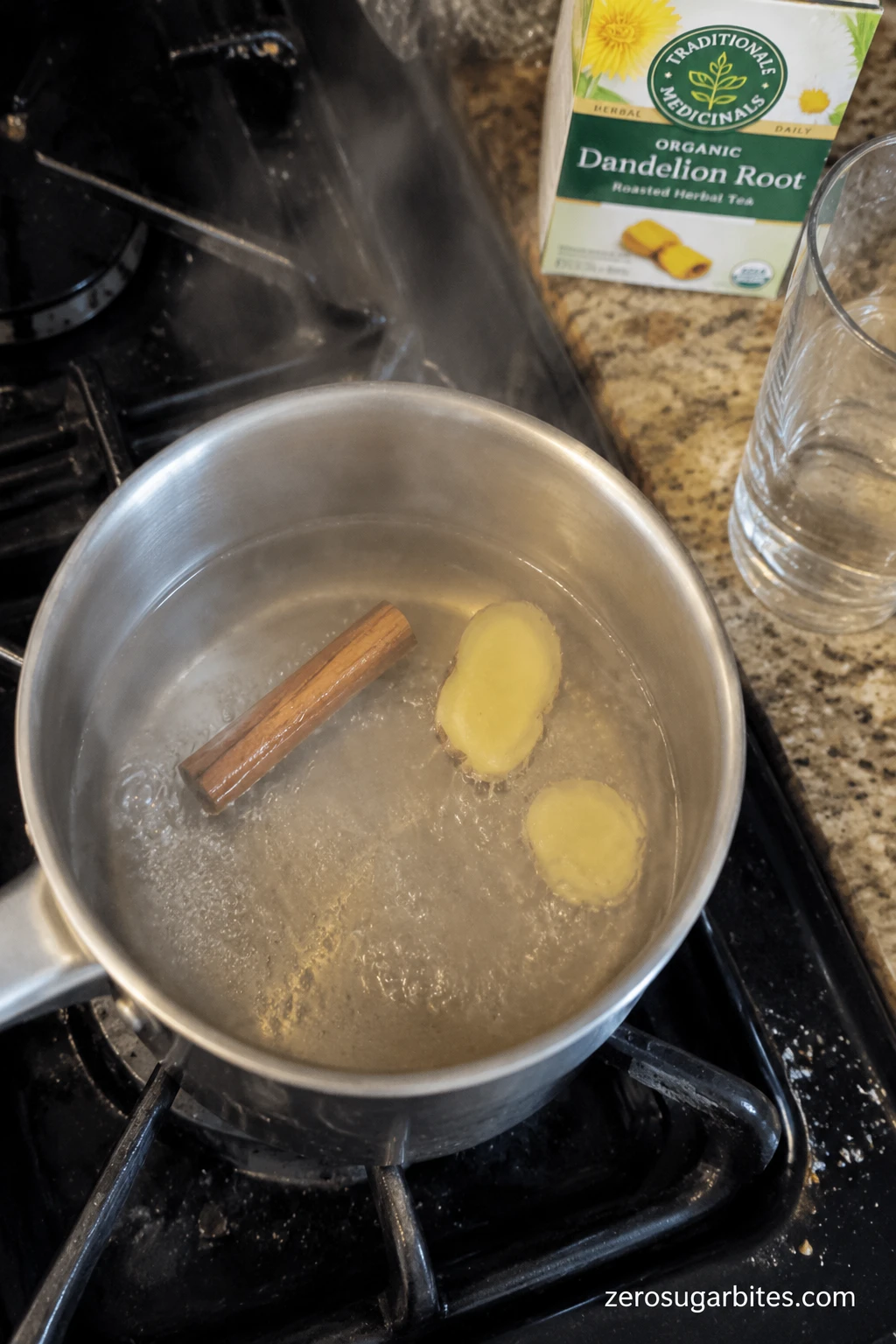 How I Make Dandelion Tea for Detox And Blood Sugar 7 boiling ginger and cinnemon stick for dandelion tea
