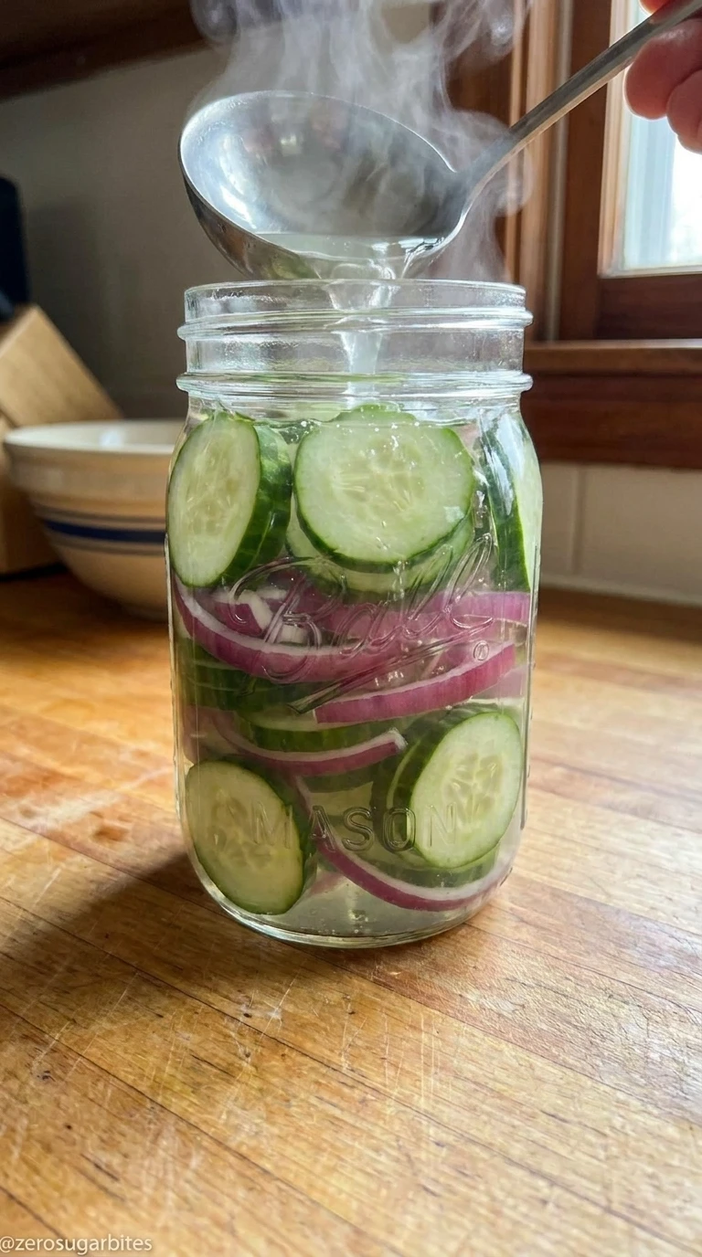 Refrigerator Bread and Butter Pickles Low Sugar Small Batch 9 Pour Over Vegetables Cover the cucumbers and onions completely with the warm brine.