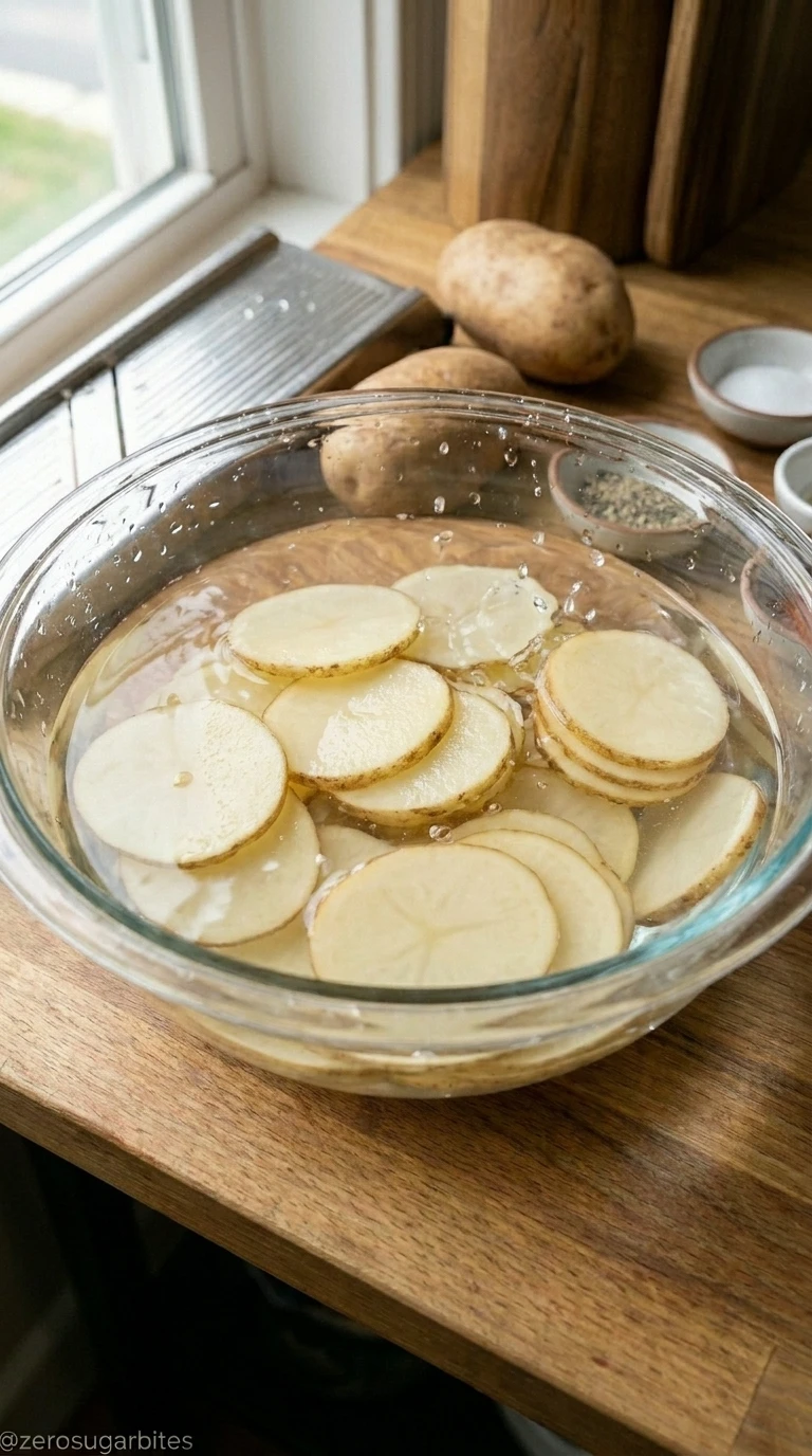 Soak the sliced potatoes in cold water for 15 minutes