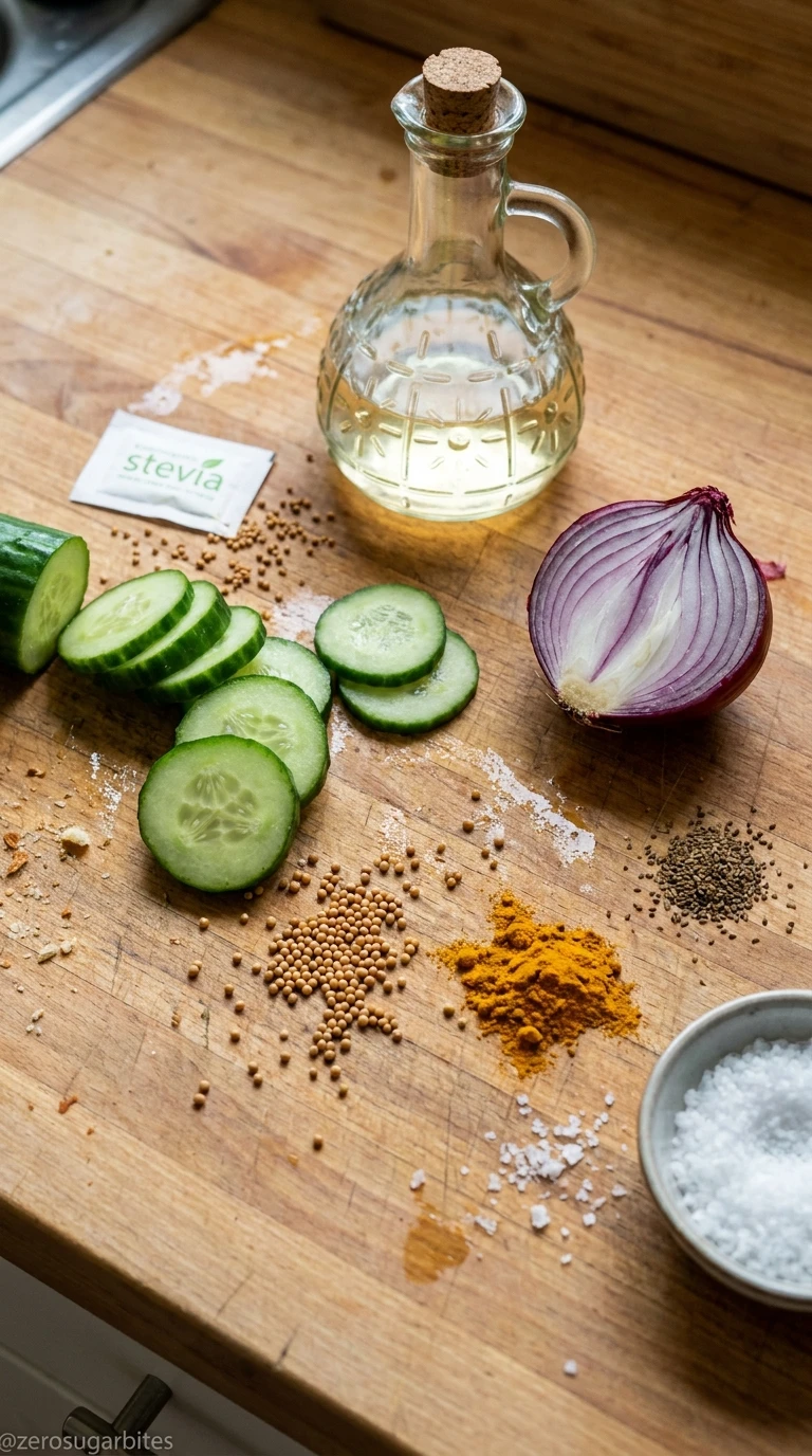 Refrigerator Bread and Butter Pickles Low Sugar Small Batch 3 all ingredients of bread butter pickles