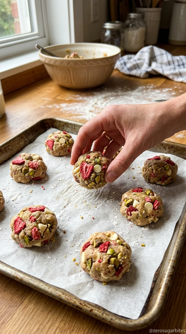 Sugar Free White Chocolate Strawberry Pistachio Cookies 6 Hand shaping cookie dough balls Keto Soft and Chewy Sugar Free White Chocolate Strawberry Pistachio Cookies