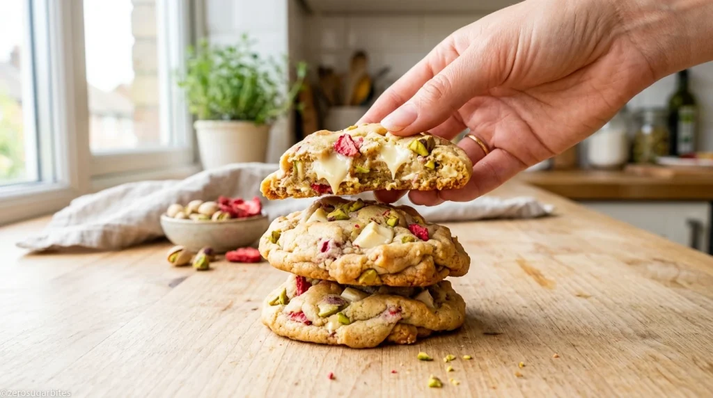 Keto Soft and Chewy Sugar Free White Chocolate Strawberry Pistachio Cookies