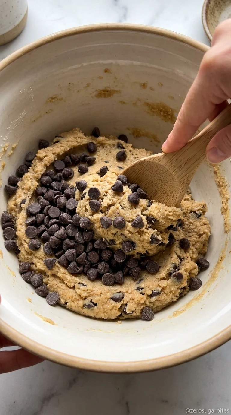 Vegan Keto Chocolate Chip Cookies No Eggs (Sugar Free) 6 Vegan Keto Chocolate Chip Cookies No Eggs folding chocolate chips into the mixture