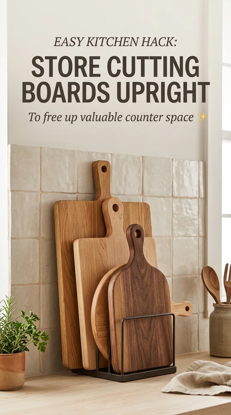 17 Small Kitchen Organization Ideas On A Budget For You 15 Cutting boards stored upright on a kitchen counter.