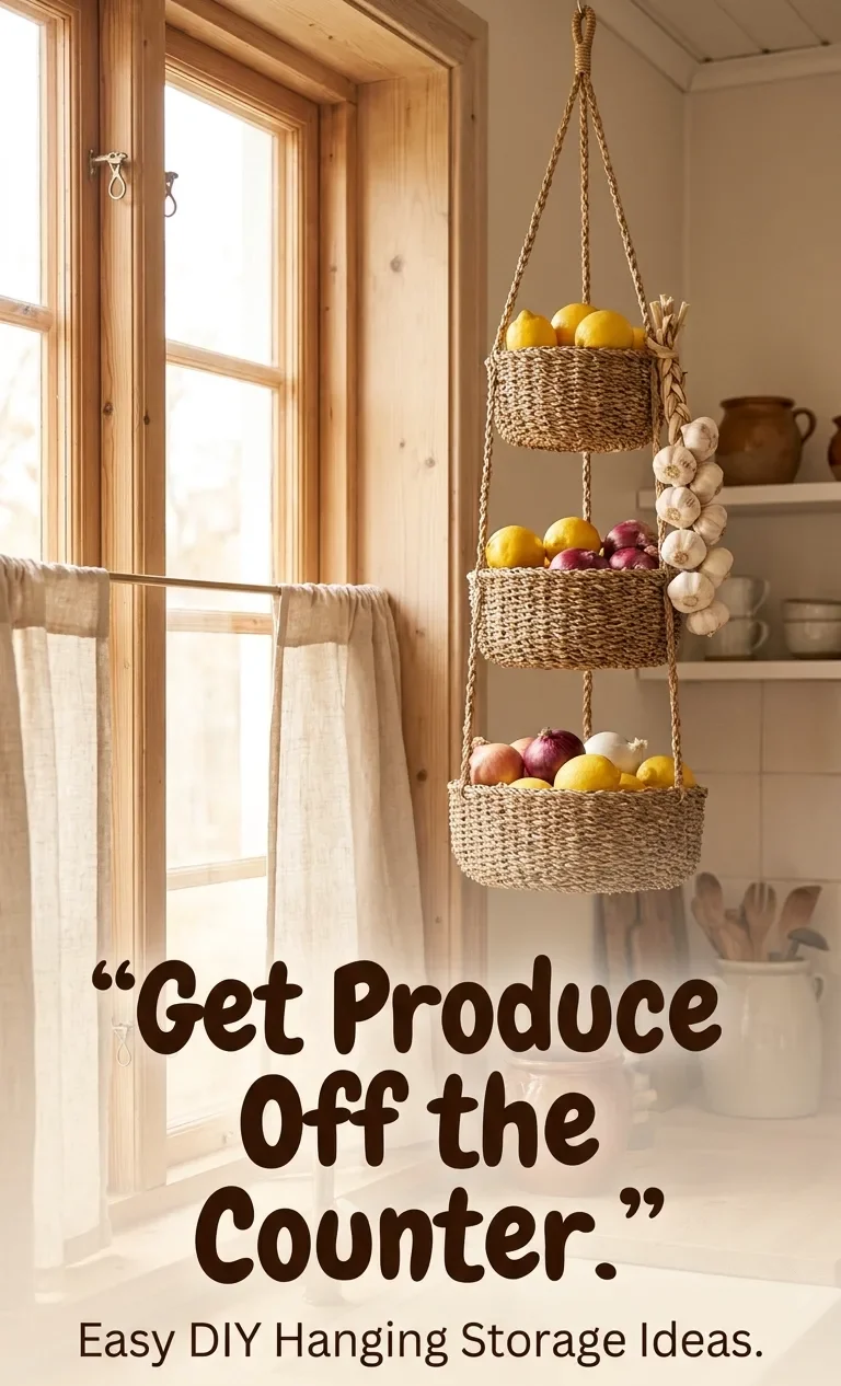 17 Small Kitchen Organization Ideas On A Budget For You 11 Hanging tiered basket filled with produce.