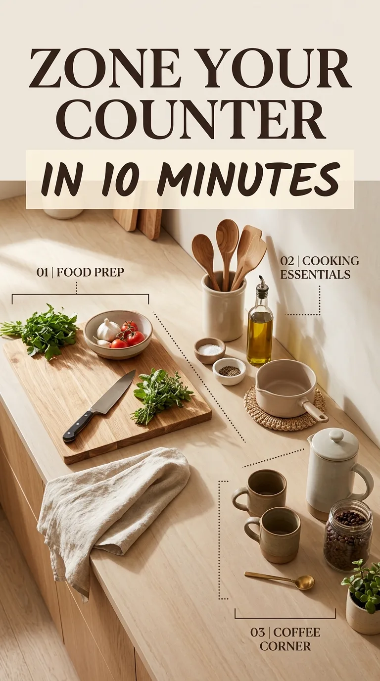 17 Small Kitchen Organization Ideas On A Budget For You 3 Kitchen counter divided into prep, cooking, and coffee zones.
