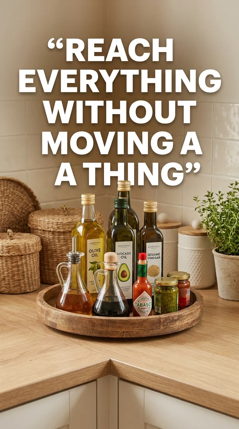 17 Small Kitchen Organization Ideas On A Budget For You 10 Lazy Susan with oils and condiments on a kitchen counter.